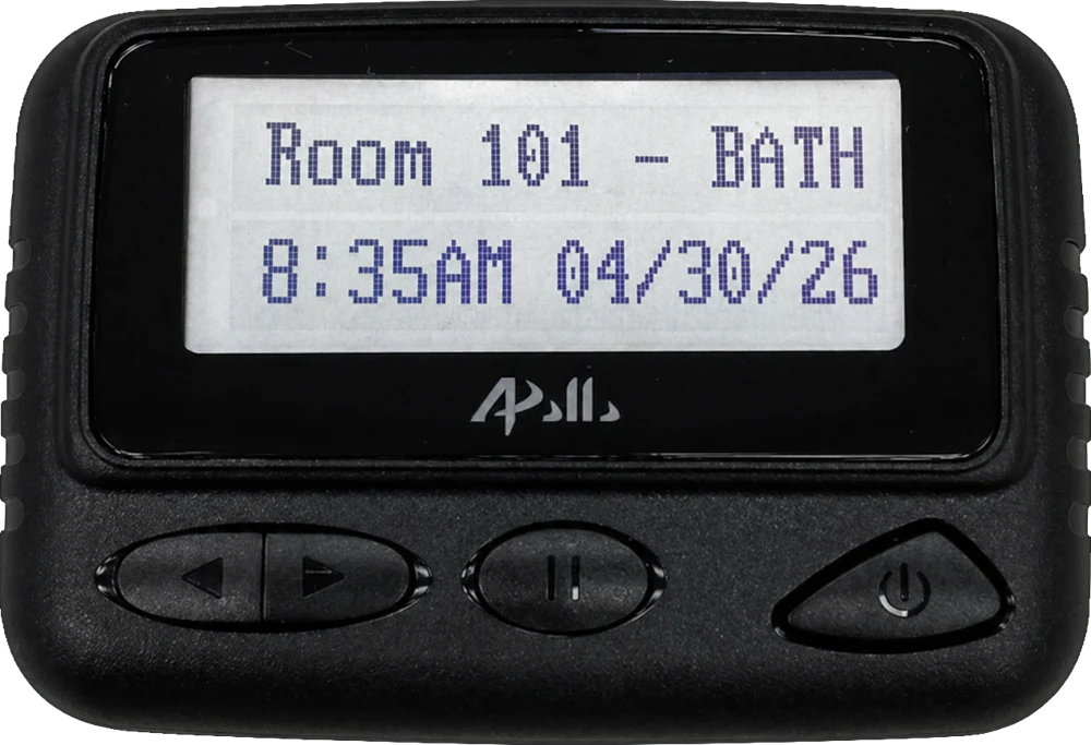 Alphanumeric pager showing Room 101 - BATH with time and date