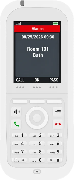 Snom M90 DECT handset displaying a Room 101 bath alarm