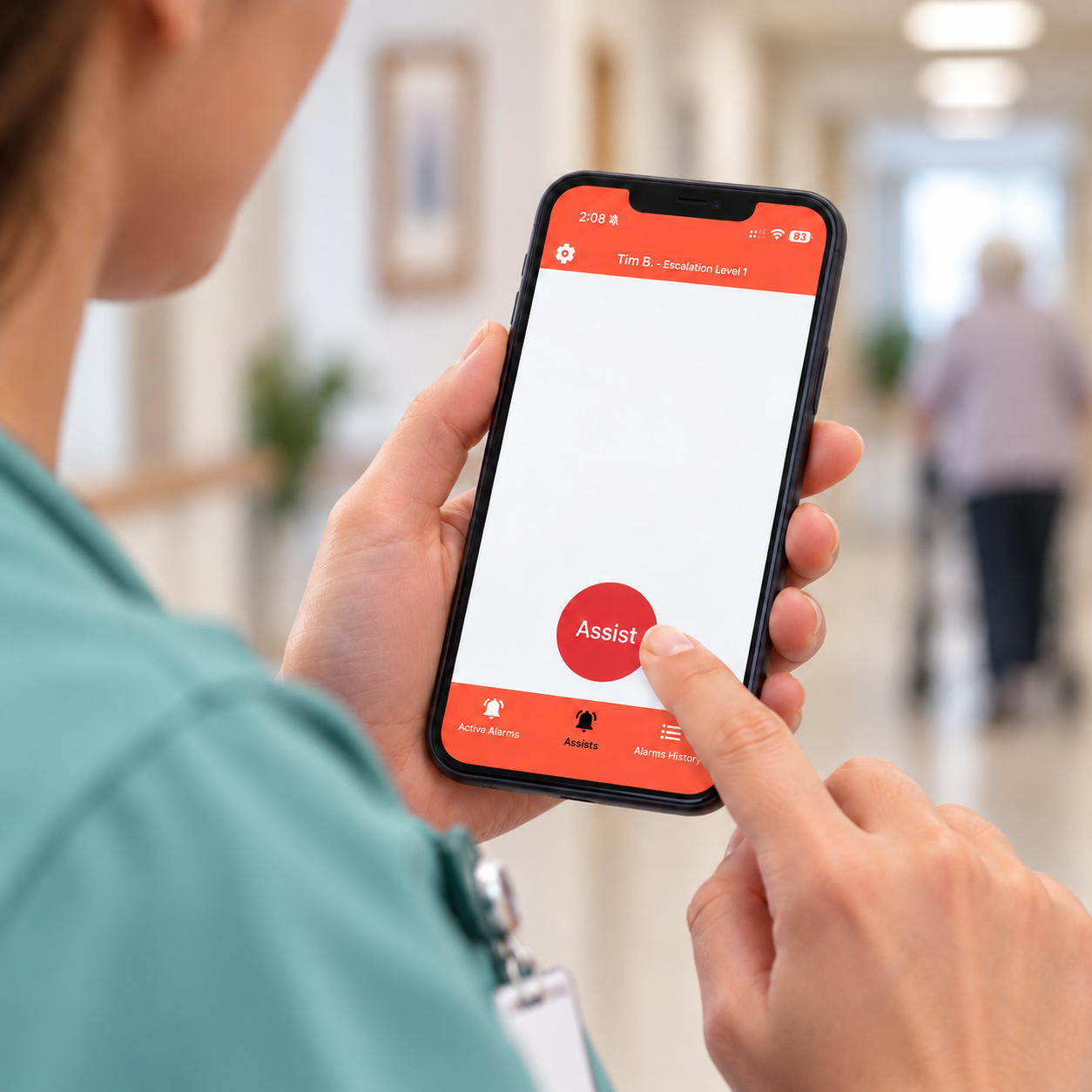 Caregiver pressing Assist in the DCC smartphone app