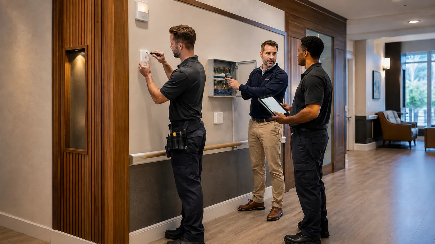 Authorized Poltys dealer reviewing a DCC installation with a community team