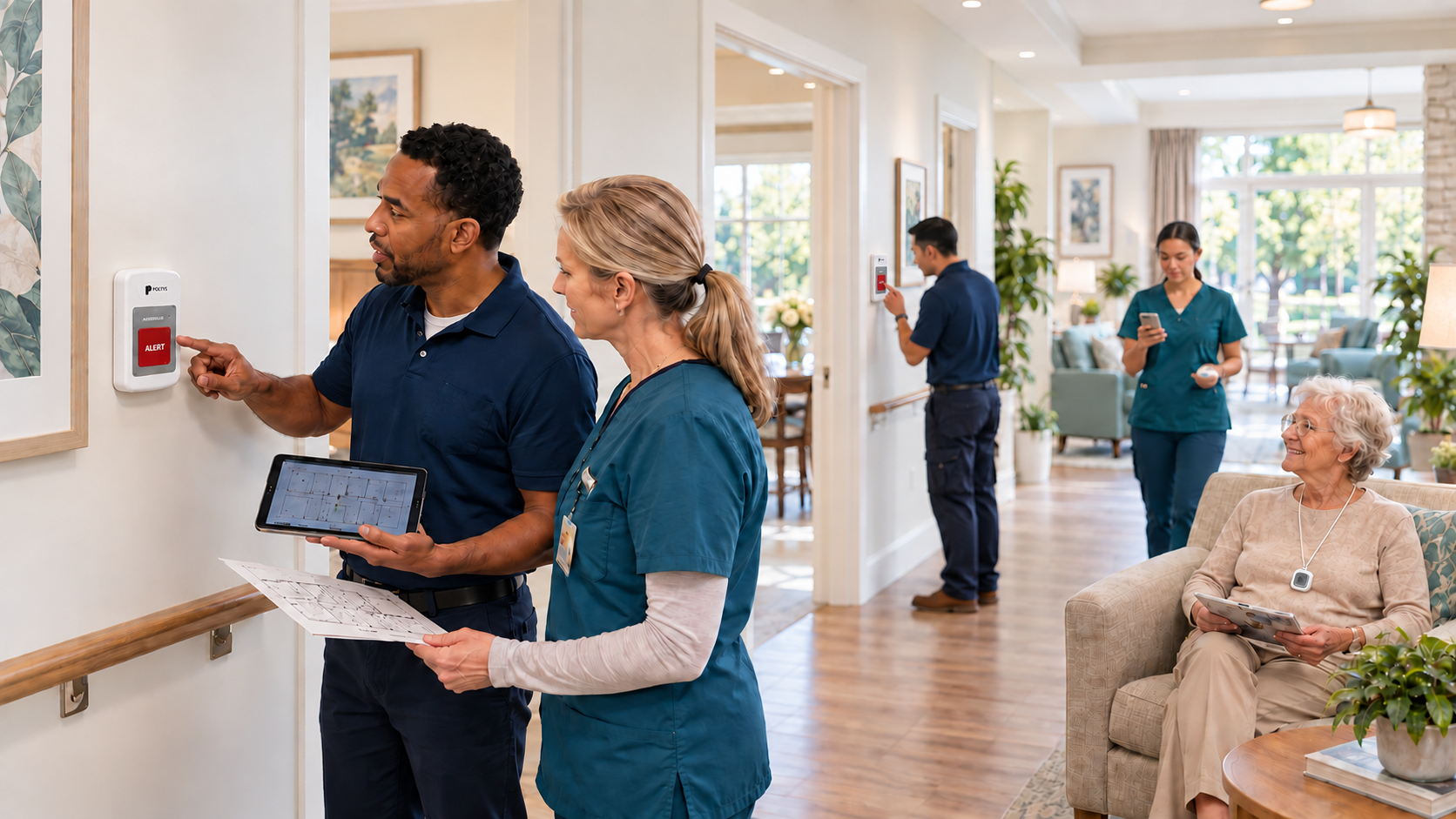 Technician explaining a wireless POLTYS wall button station to a care team member in a bright, modern senior living home
