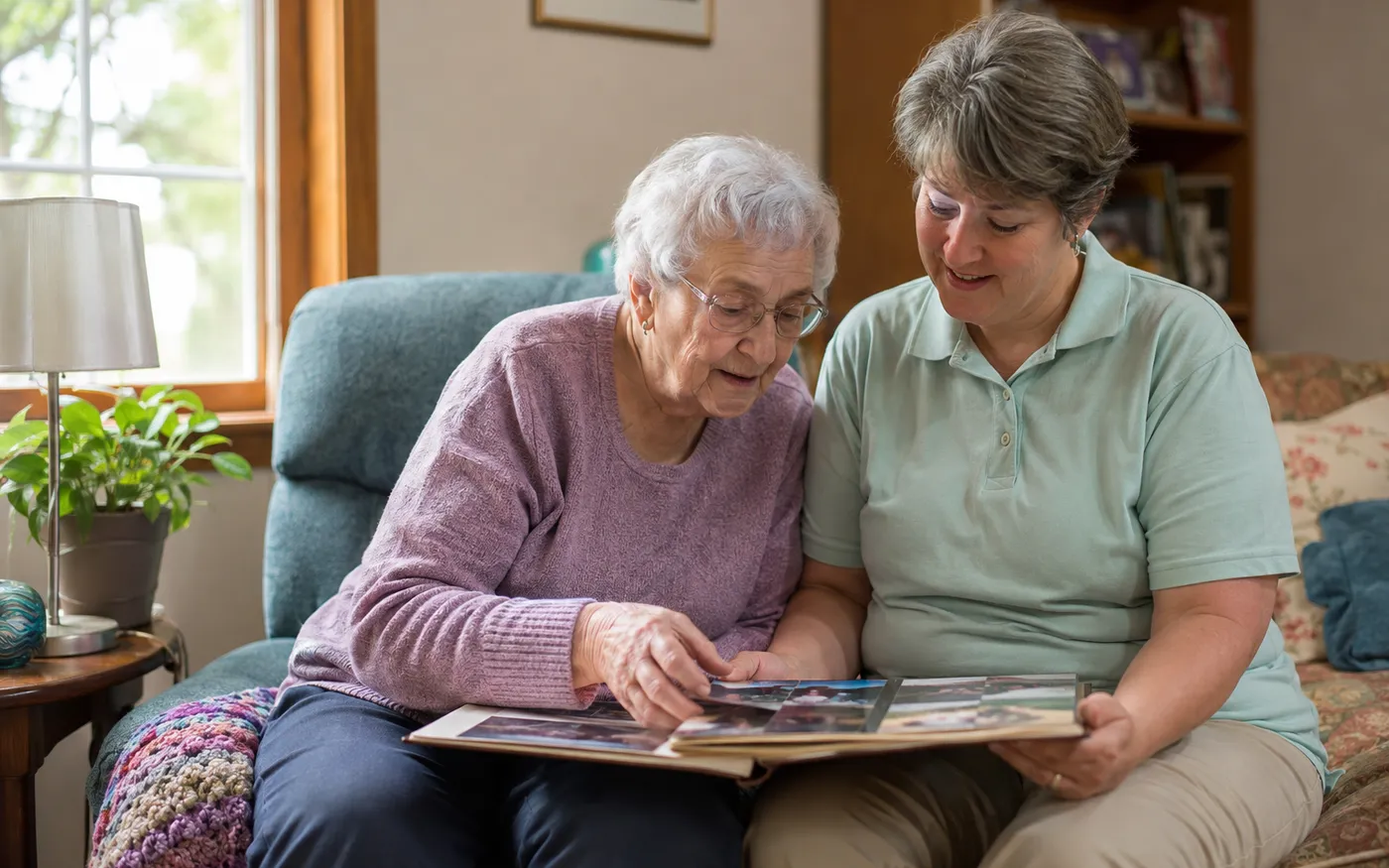 Assisted living resident and caregiver reviewing a photo album