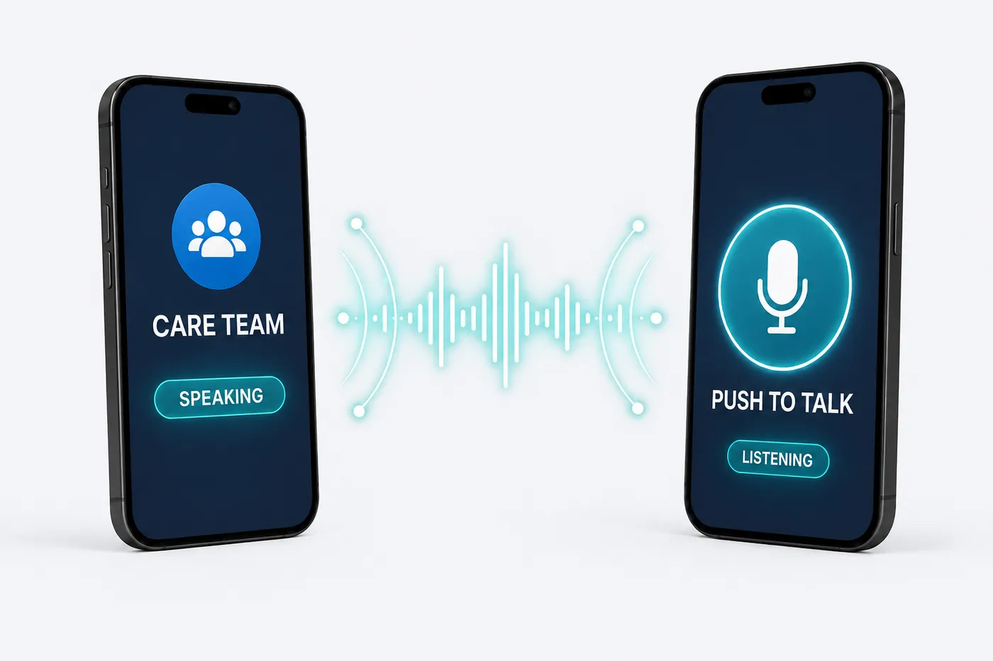 Care team push-to-talk communication shown on mobile devices