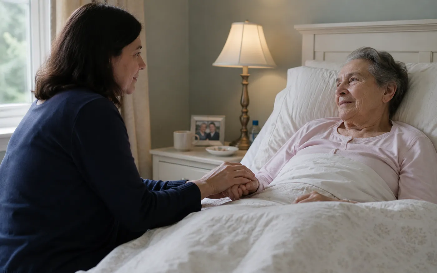 Hospice resident resting while holding a caregiver's hand