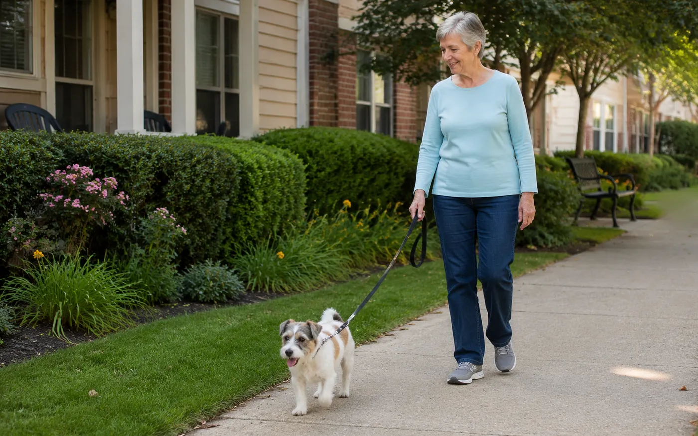 Independent living resident walking outside her community