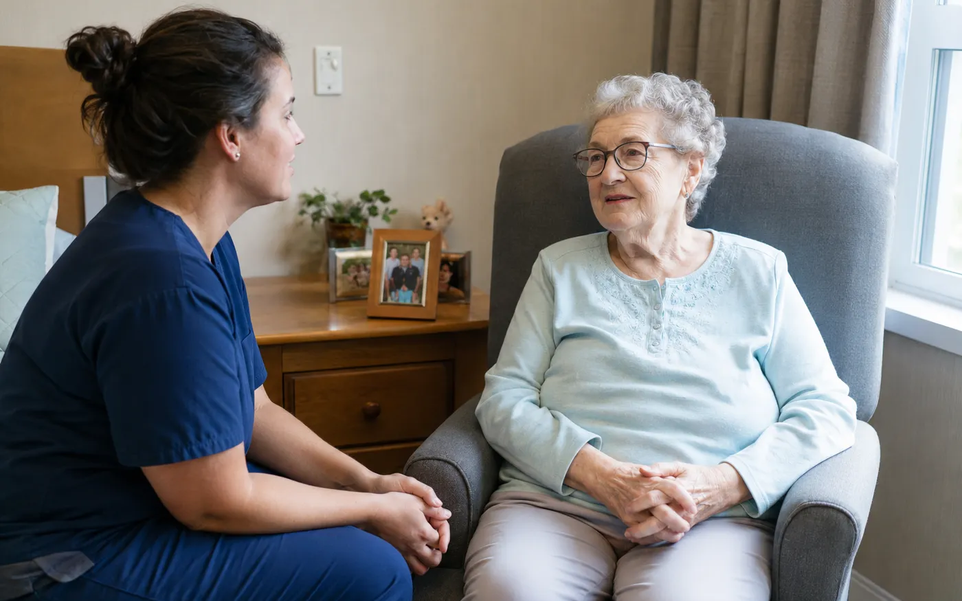 Caregiver speaking with a long-term care resident in her room