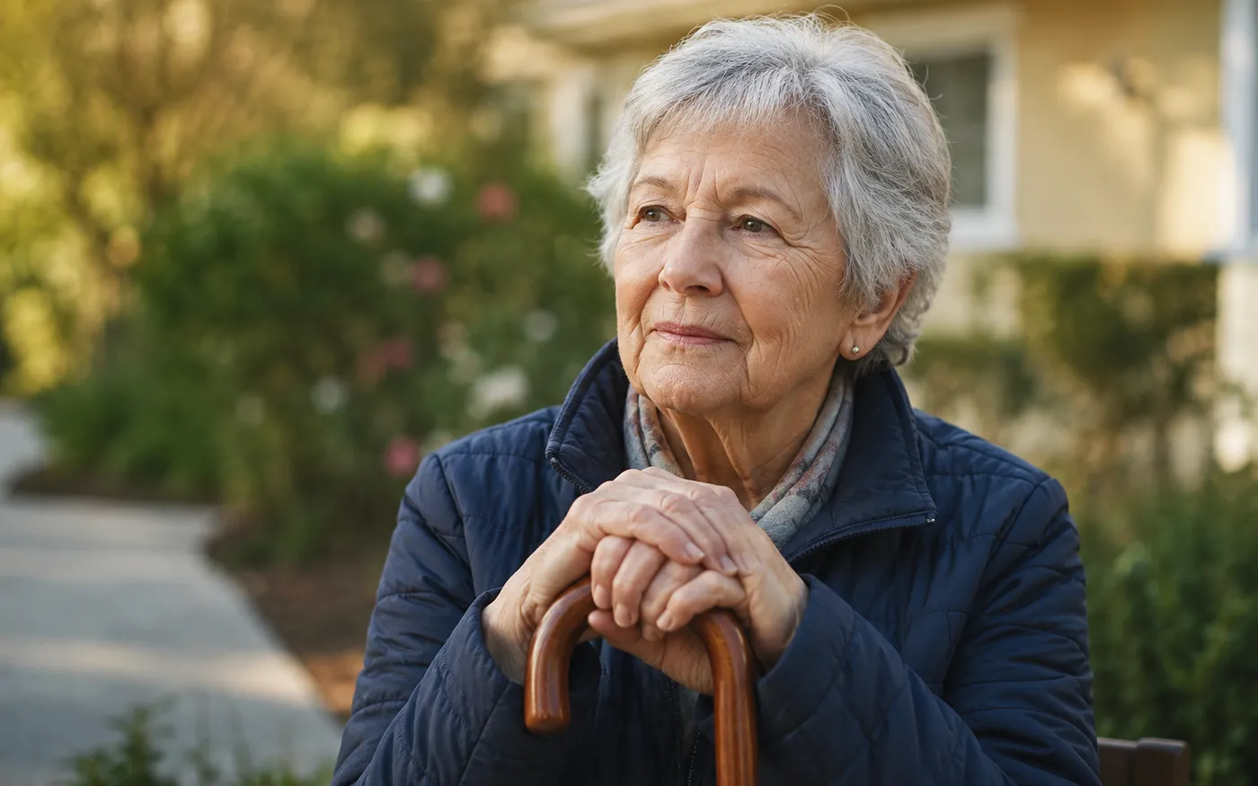 Memory care resident sitting outdoors in a garden setting