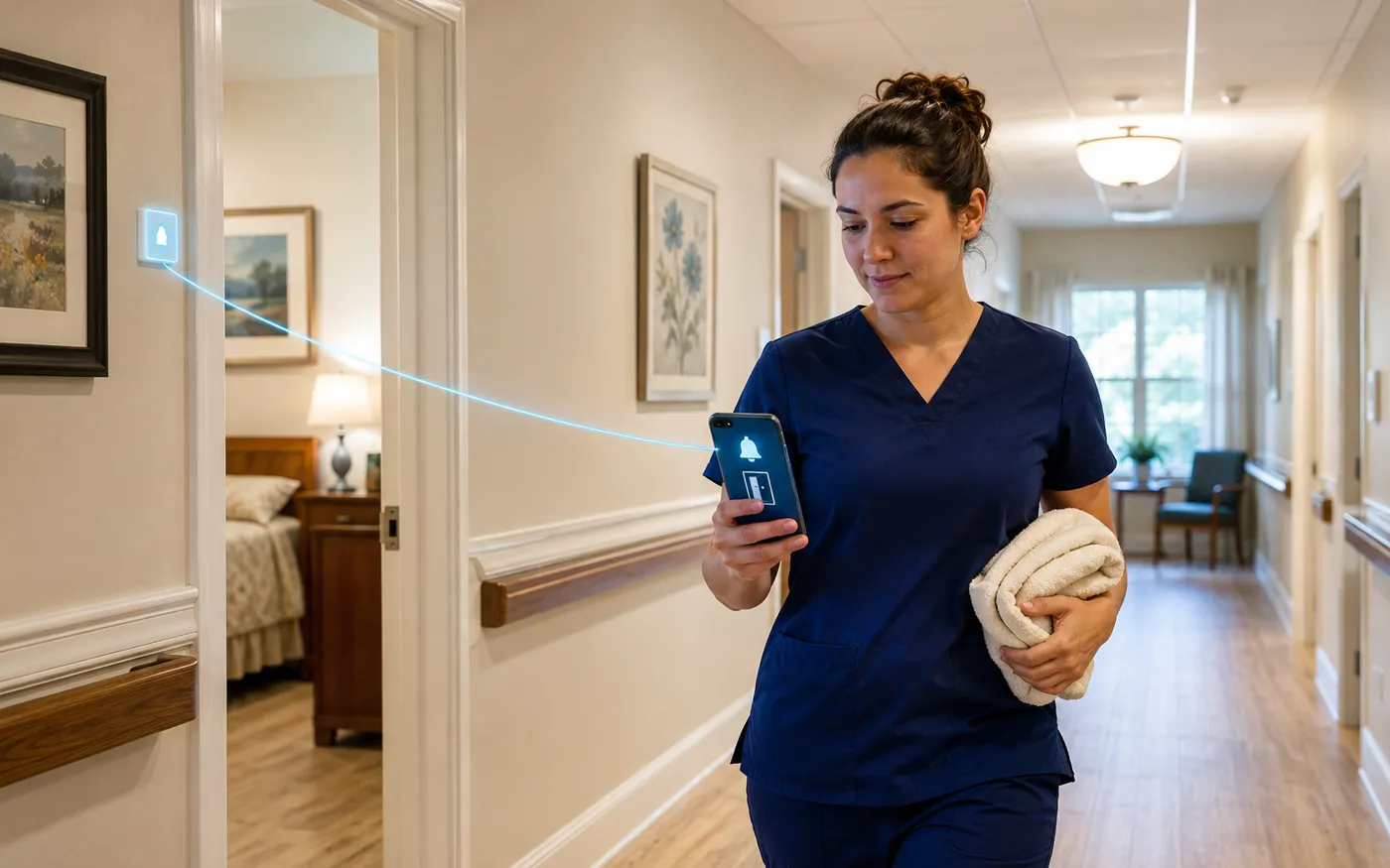 Caregiver reviewing mobile alerts in a senior living corridor