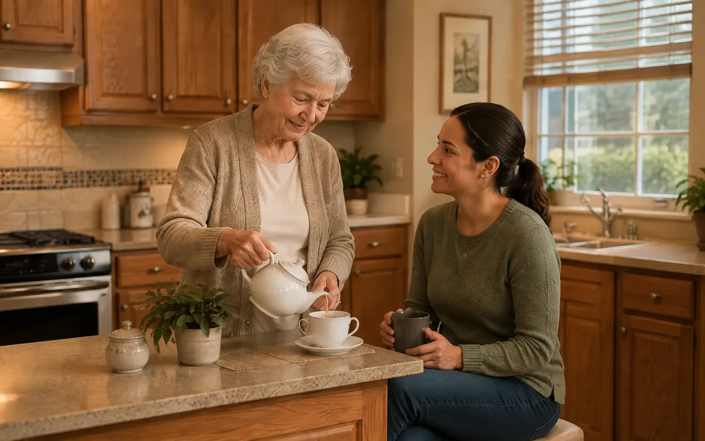 Resident pouring tea with a caregiver nearby