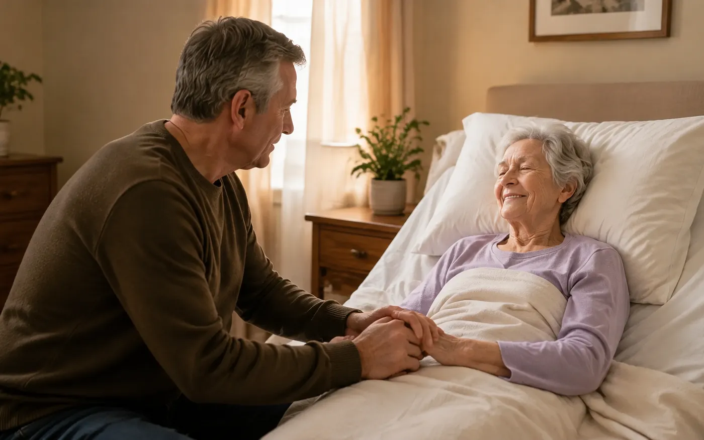 Family member holding a resident’s hand at the bedside