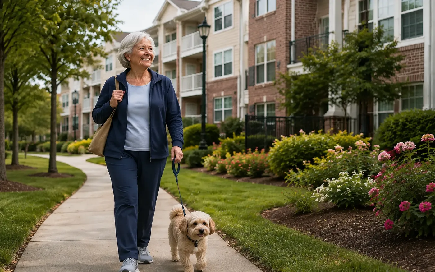 Resident walking her dog outside the community