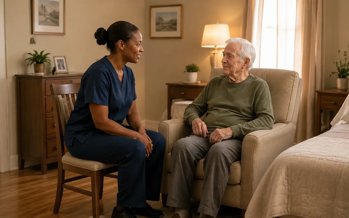 Caregiver speaking with a long-term care resident