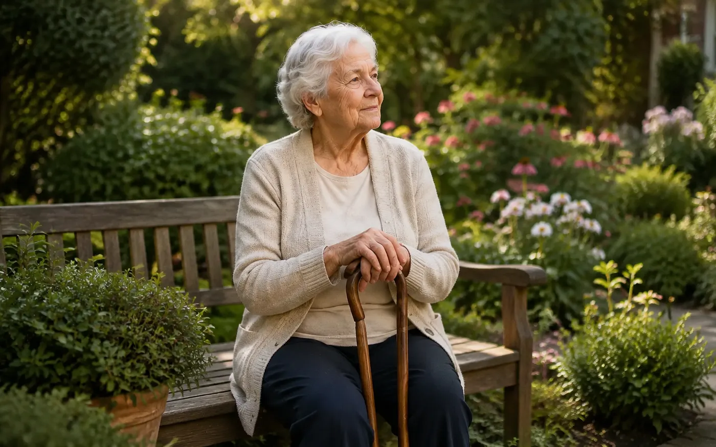 Memory care resident seated in a garden