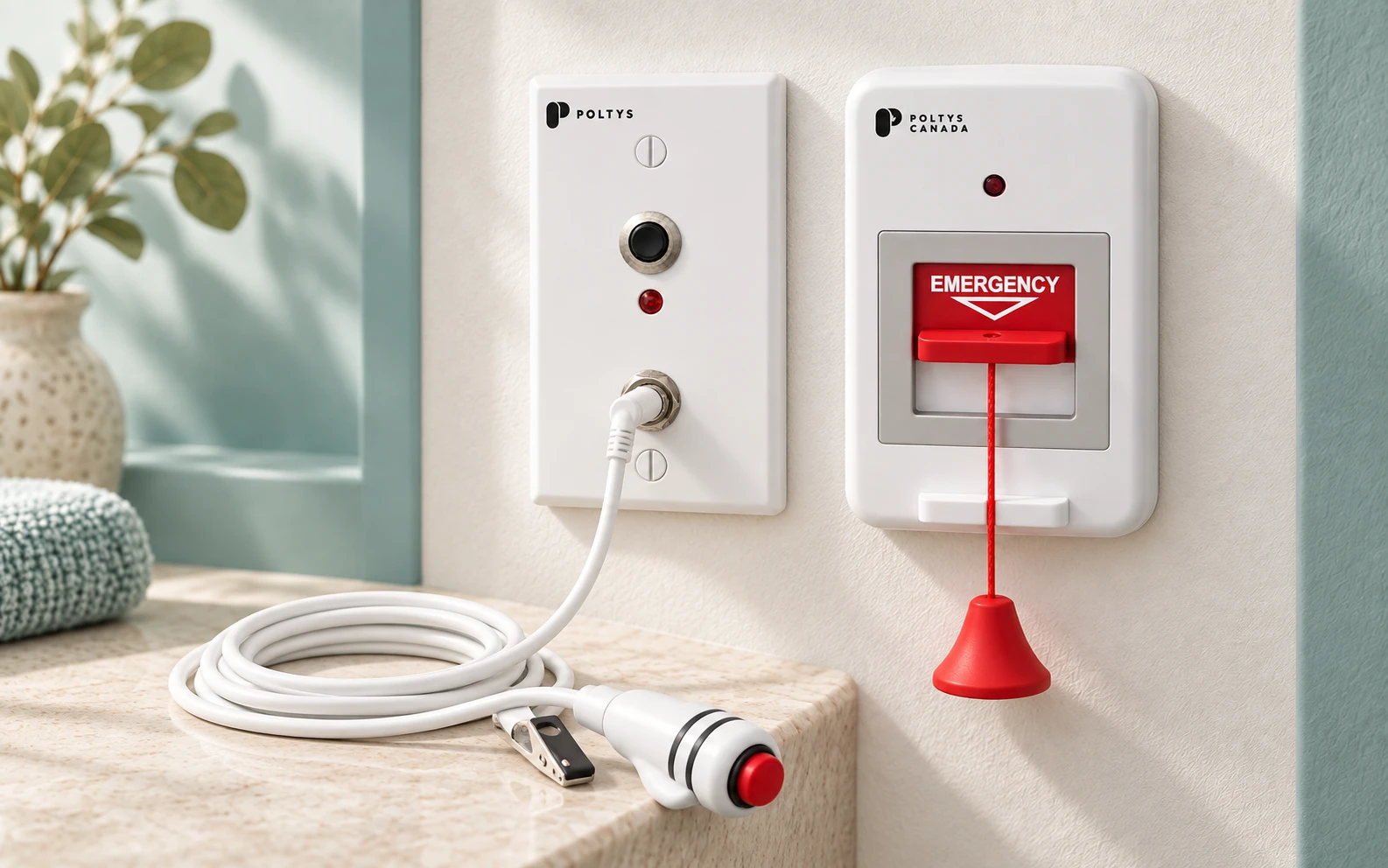 Poltys wired bedside station with handheld call button and bathroom pull-cord station