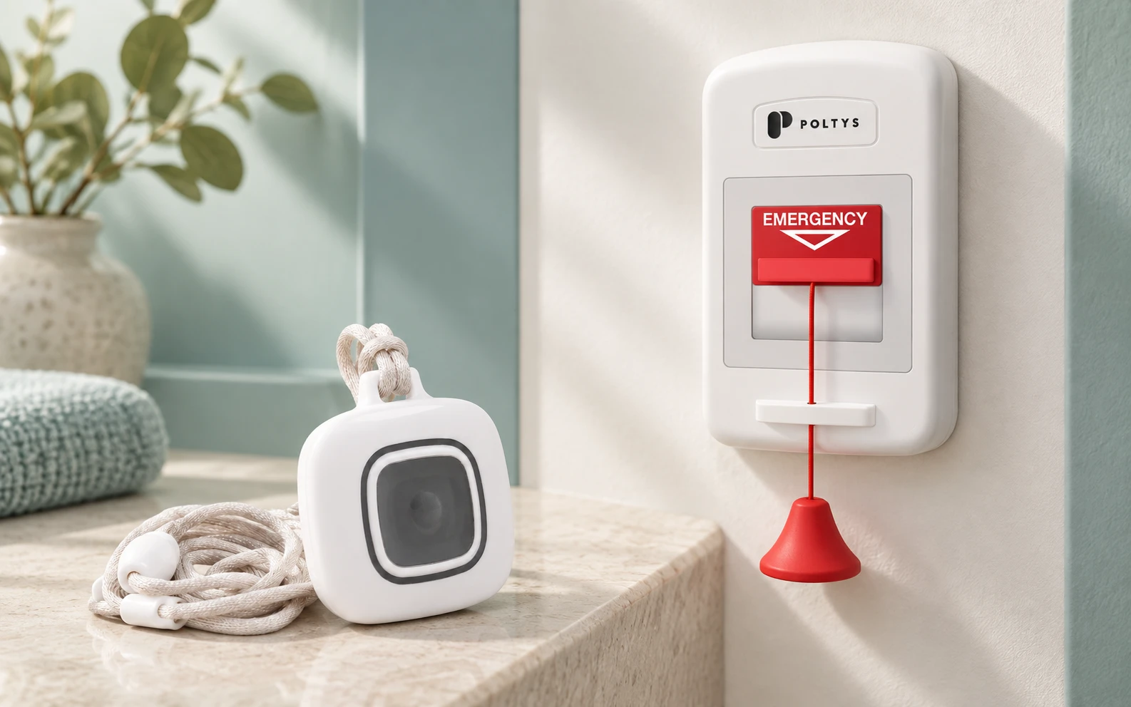 Wireless resident pendant and Poltys wall-mounted pull-cord station
